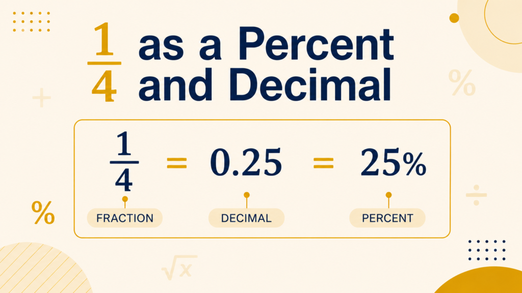 Educational graphic showing 1/4 converted to 0.25 as a decimal and 25% as a percent.